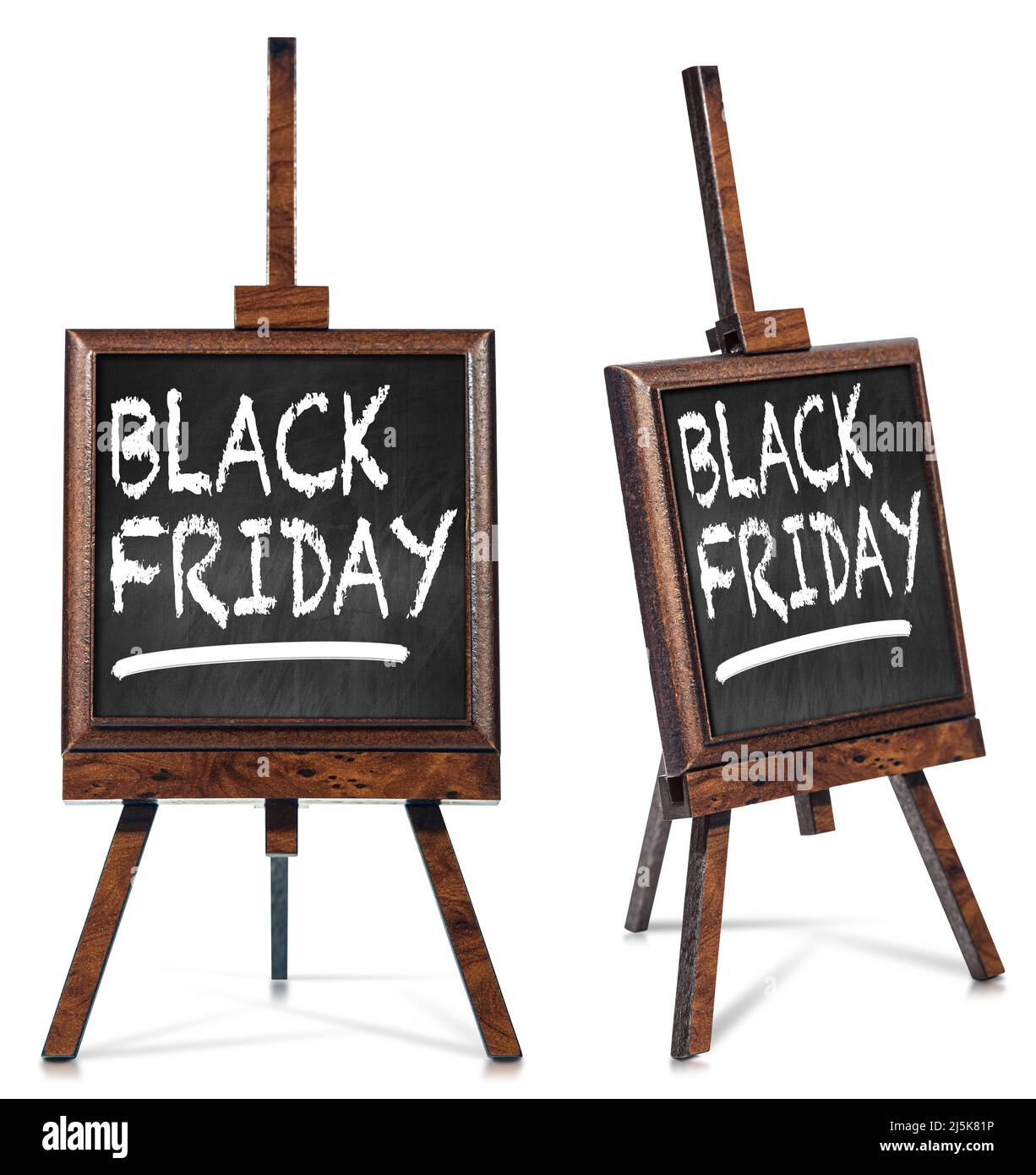 Due lavagne su cavalletto di legno (treppiede) con il testo scritto in gesso, Black Friday in lingua inglese. Isolato su sfondo bianco. Foto Stock