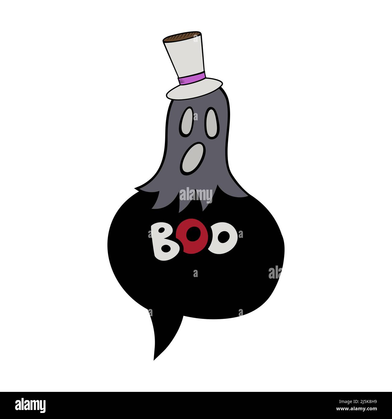 Boo Halloween fantasma divertente spooky con cappello e bolla di discorso in nero rosso viola grigio colore Illustrazione Vettoriale