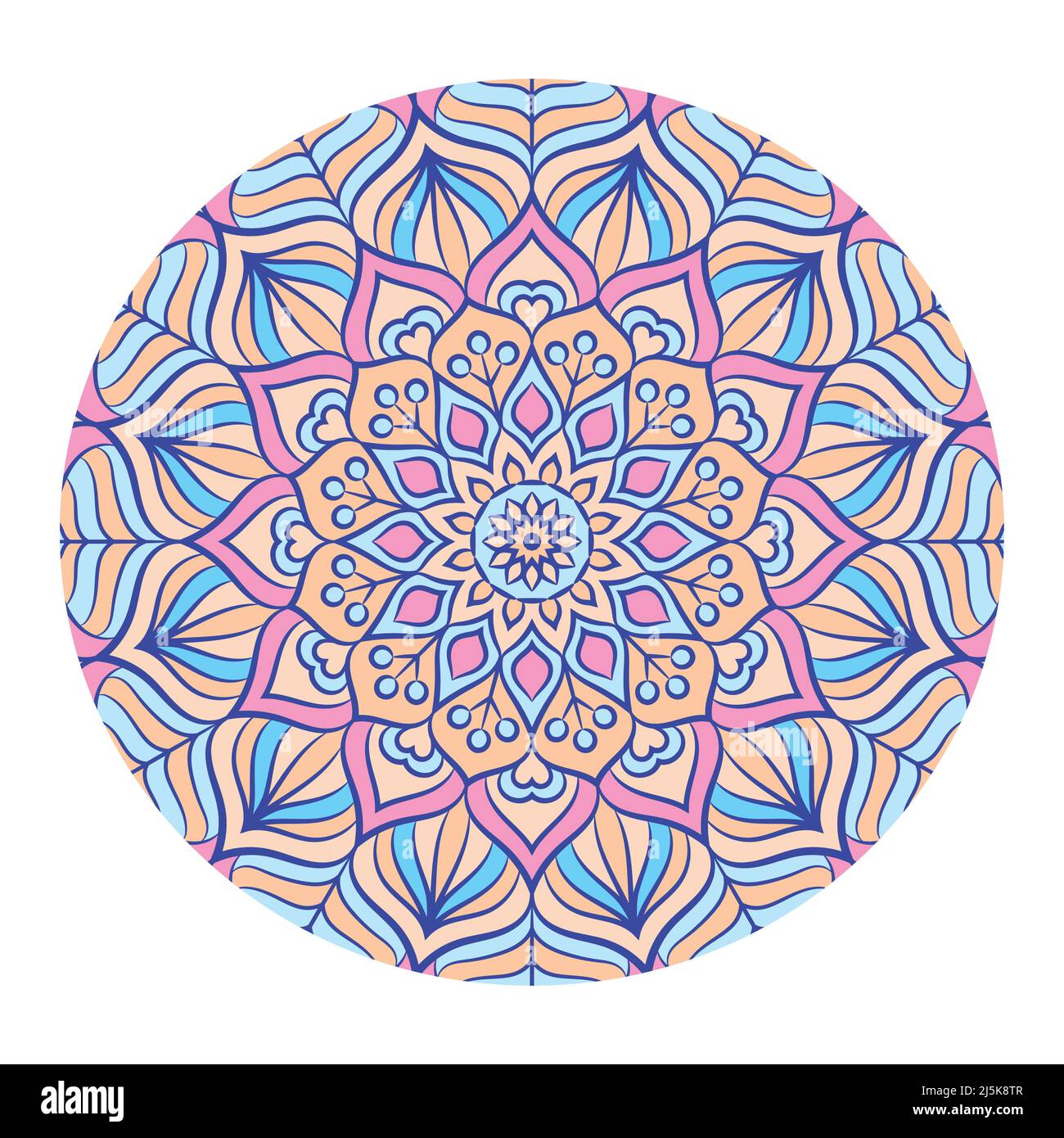 Meditazione mandala spirituale a forma di cerchio in colore blu rosa giallo arancio Illustrazione Vettoriale