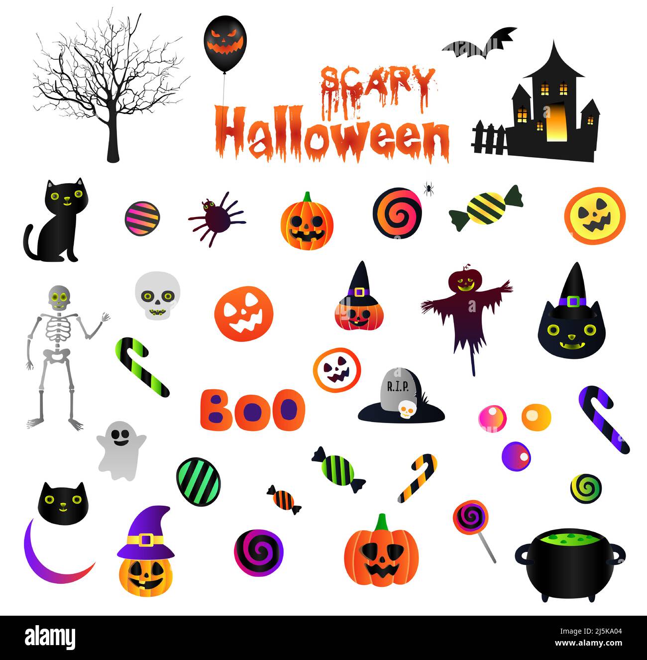 Adesivi Halloween Elements. Spaventoso, albero, vecchia casa, casa, gatto, Caramelle, ragno, zucca, scheletro, carecrow, Boo, Cimitero, Crescent Moon, cappello da strega, Illustrazione Vettoriale