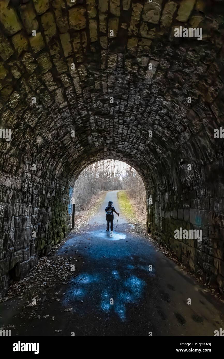 Sentiero per donne attraverso Dixon's Bridge nello storico Bridge Park, Calhoun Country, vicino a Battle Creek, Michigan, USA Foto Stock