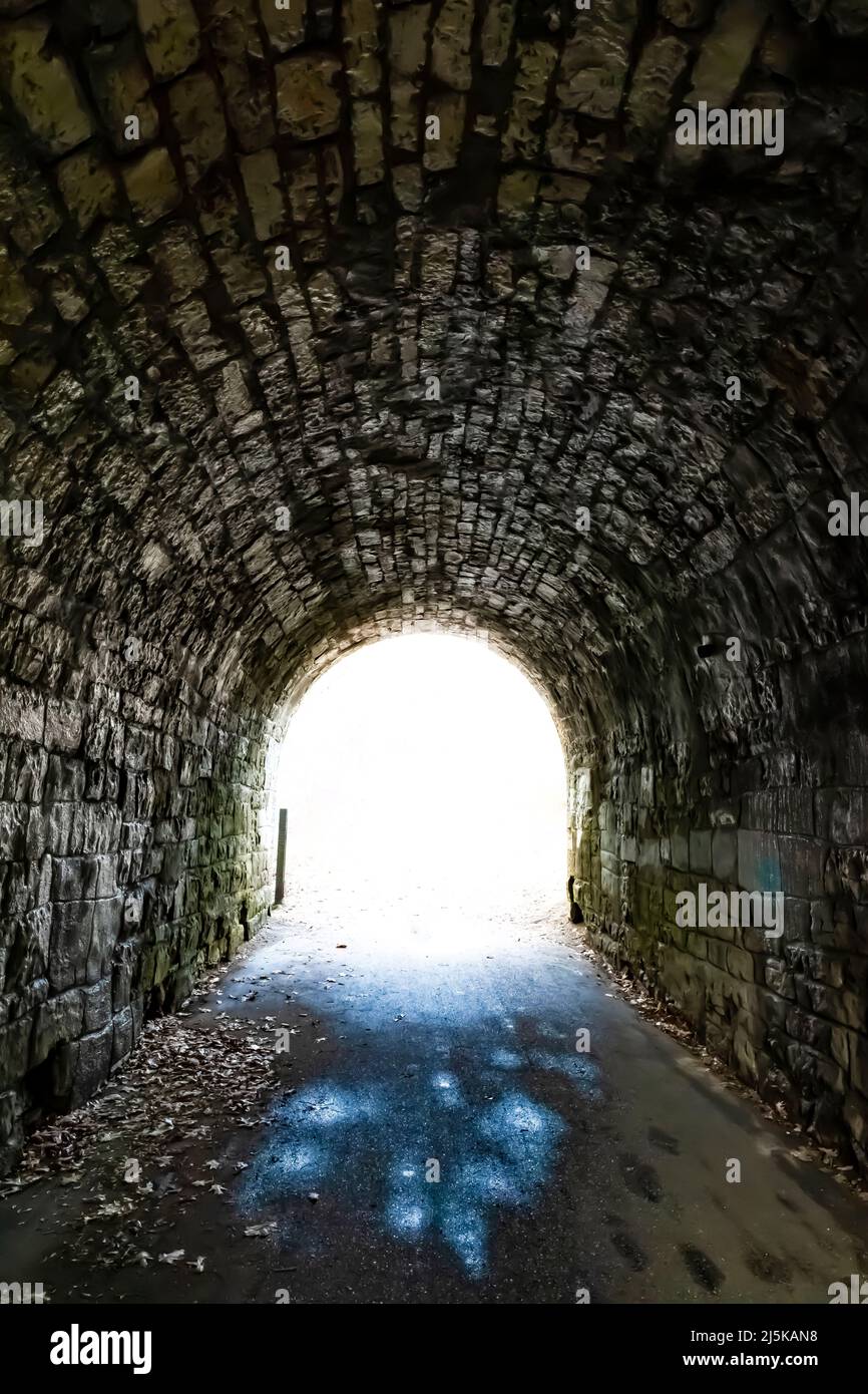 Sentiero per donne attraverso Dixon's Bridge nello storico Bridge Park, Calhoun Country, vicino a Battle Creek, Michigan, USA Foto Stock