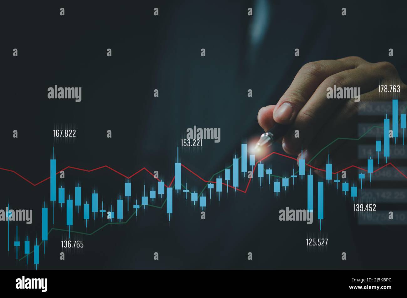Businessman mano forex trading mercato azionario finanziario per grafico e grafici di investimento tecnologia economica. Foto Stock