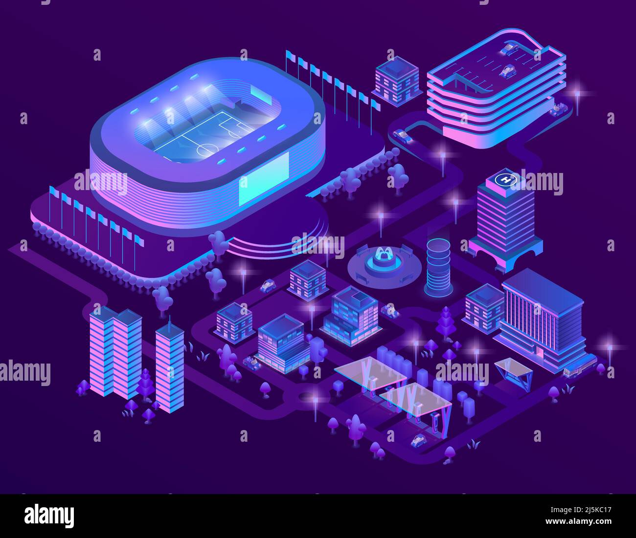 Vettore 3D megapolis isometrica con stadio. Arena sportiva in città dai colori violetti. Raccolta di grattacieli, edifici con illuminazione ultravioletta. Stre Illustrazione Vettoriale