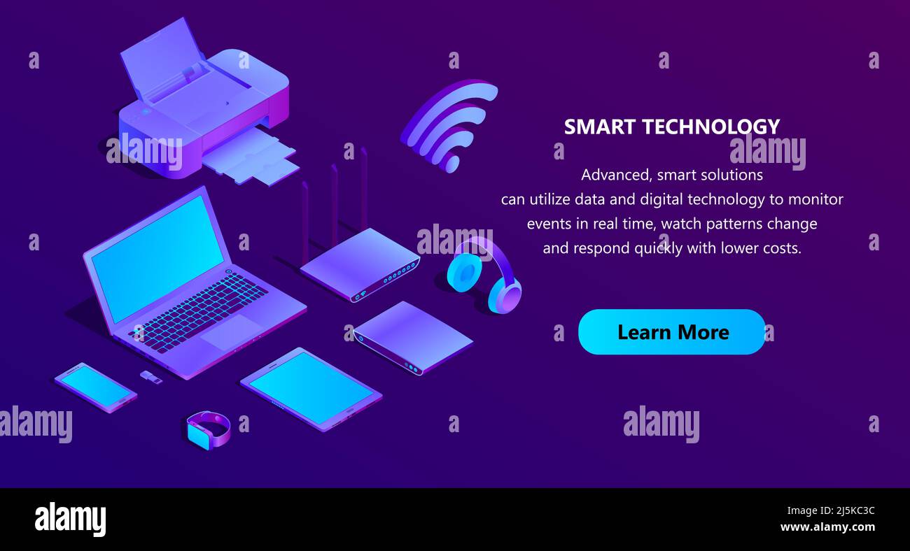 Modello isometrico Vector 3D per la costruzione di siti. Sfondo portale con pulsante, portatile viola, router con wi-fi. Computer ultravioletto e altro el Illustrazione Vettoriale