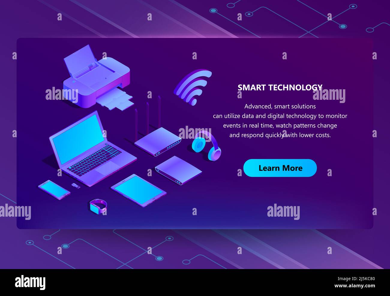 Modello isometrico Vector 3D per la costruzione di siti. Sfondo portale con pulsante, portatile viola, router con wi-fi. Computer ultravioletto e altro el Illustrazione Vettoriale