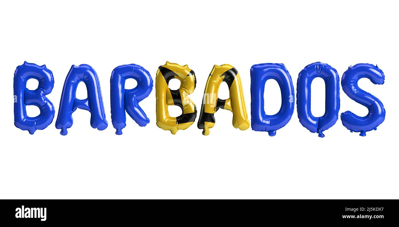 3D illustrazione dei palloncini Barbados-lettera con bandiere di colore isolato su bianco Foto Stock
