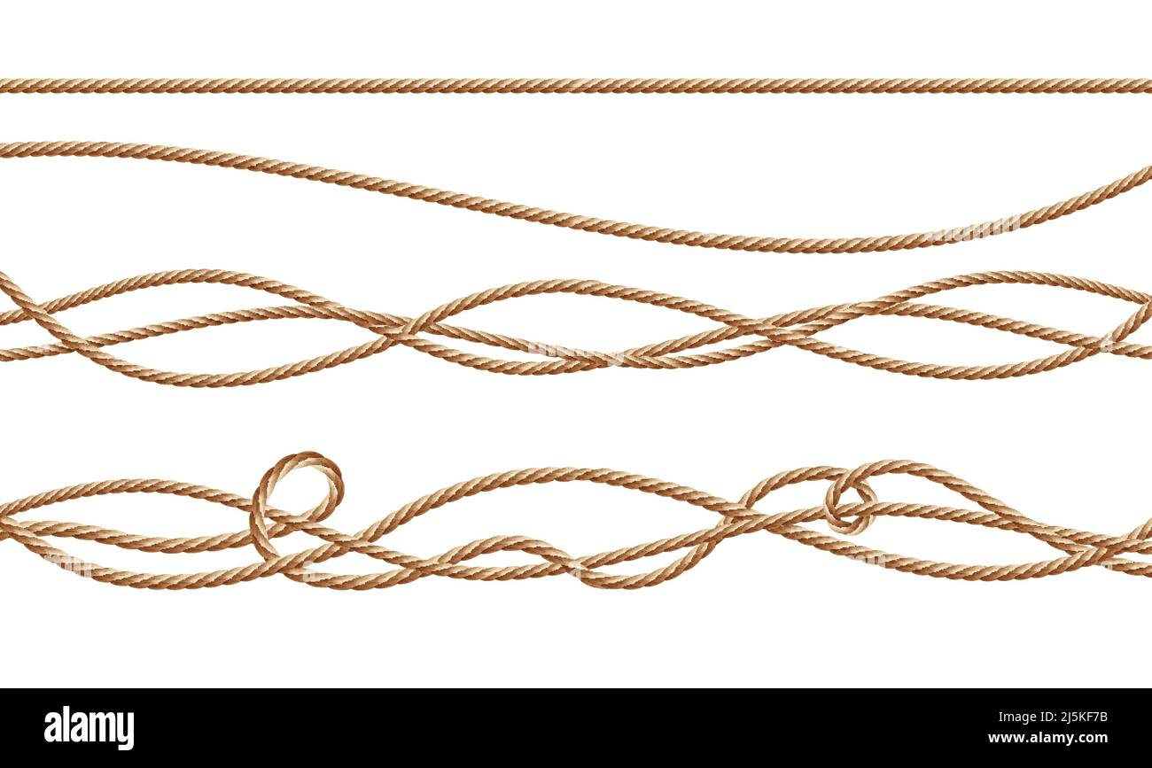 Corde di fibra realistiche del vettore 3D - diritte e legate in su. Corde intrecciate di iuta o canapa con anelli isolati su sfondo bianco. Elementi decorativi con b Illustrazione Vettoriale