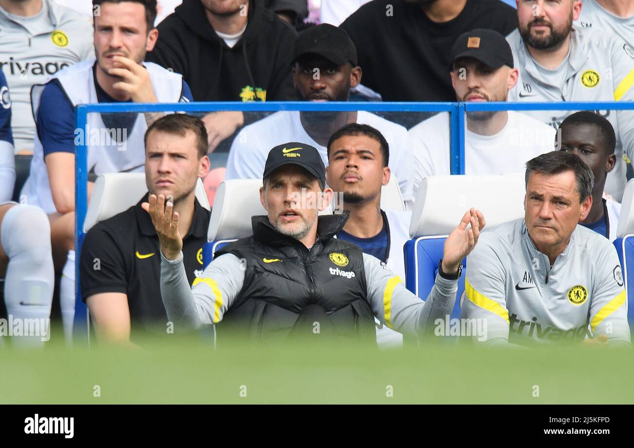 Londra, Regno Unito. 23rd Apr 2022. 24 Aprile 2022 - Chelsea / West Ham United - Premier League - Stamford Bridge Thomas Tuchel durante la partita a Stamford Bridge. Picture Credit : Mark Pain/Alamy Live News Foto Stock