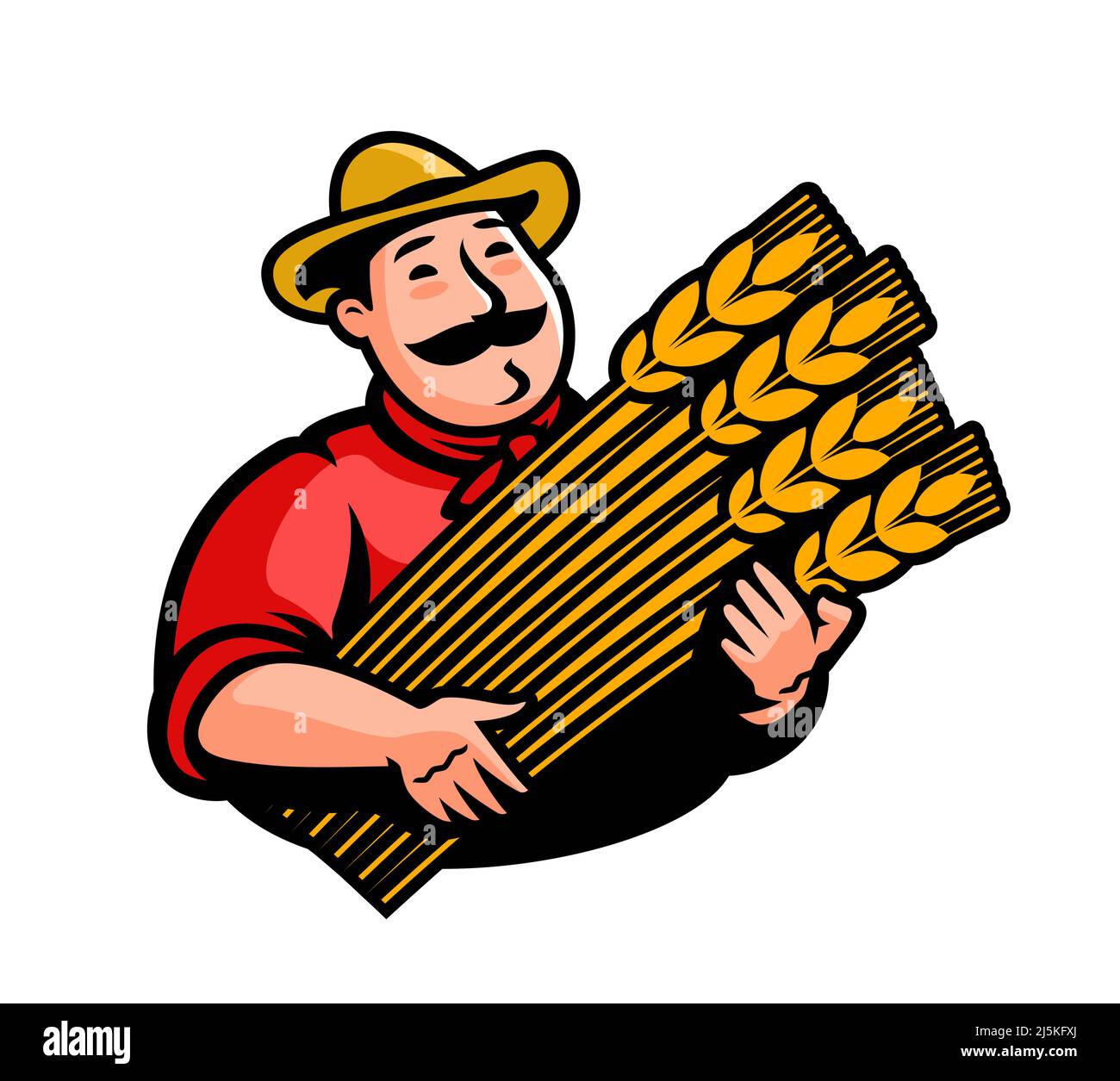 Agricoltore maschio che detiene una guaina di frumento fresco. Agricoltura e tema agricolo. Divertente illustrazione vettoriale dei cartoni animati Illustrazione Vettoriale