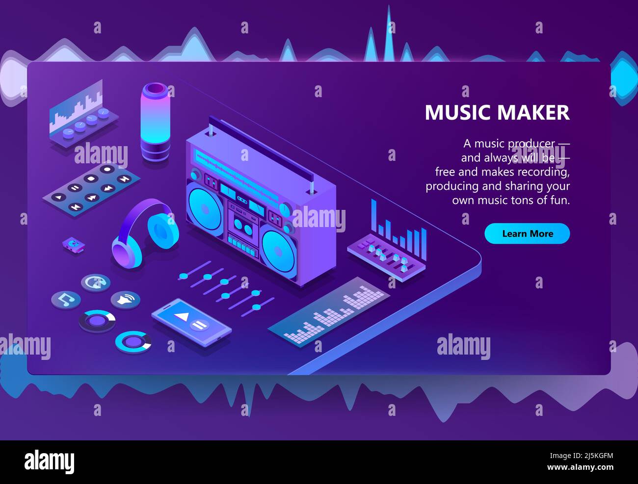 Illustrazione vettoriale di Music maker per la tecnologia di produzione della registrazione. Apparecchiature isometriche per DJ o lettore Hi-Fi audio, comandi del mixer audio o cuffie Illustrazione Vettoriale