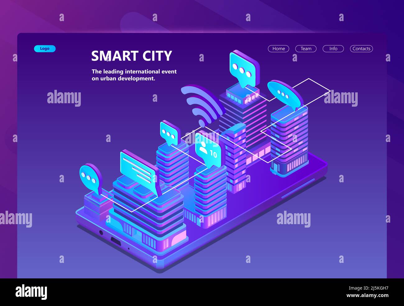 Sito vettore città intelligente con 3D megapolis intelligente isometrica, città in colori violetti. Portale di rete con pulsante per lo sviluppo urbano. Collezione di ultra Illustrazione Vettoriale