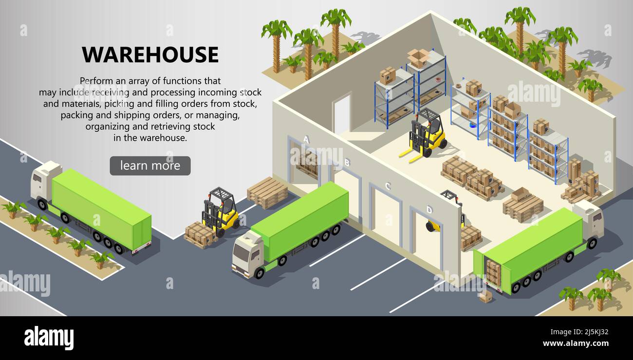 Magazzino isometrico vettoriale con interno, servizio di consegna. Magazzino con scatole per spedizione, camion, carrelli elevatori con carico. Pagina Web con ma Illustrazione Vettoriale