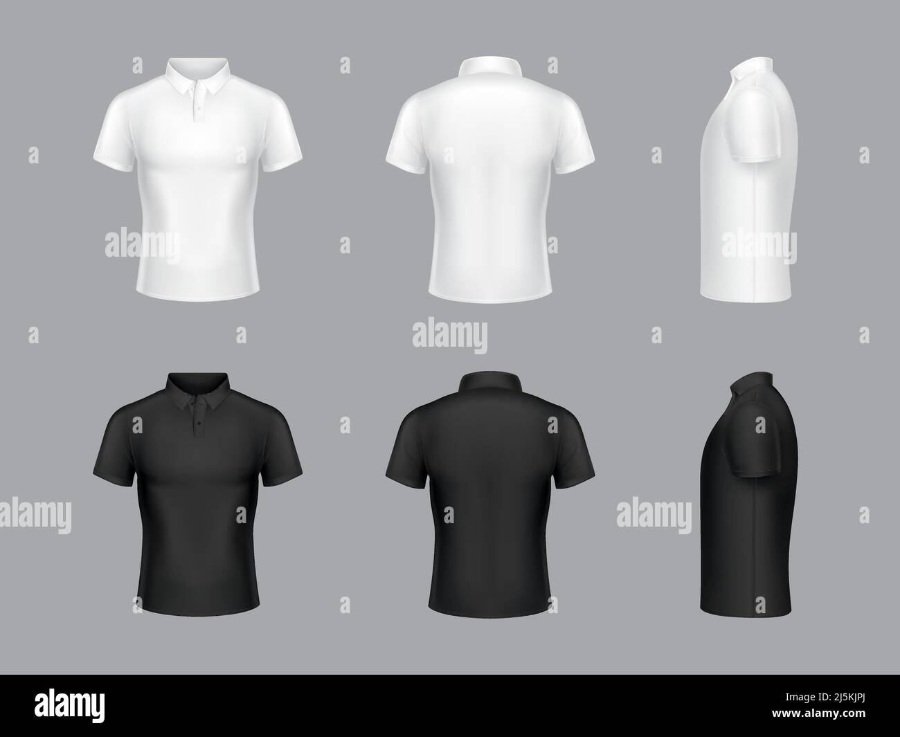 Collezione vettoriale di 3D t-shirt realistiche a polo bianco e nero. Maniche corte, design alla moda. Vestiti in diverse viste - laterale, posteriore e anteriore. Uomo Illustrazione Vettoriale
