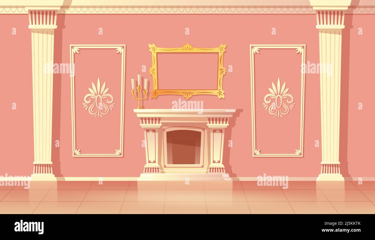 Vettoriale cartone animato interno di soggiorno di lusso, sala da ballo con camino. Forno tradizionale in sontuoso corridoio di colore rosa con lesene bianche. Illustrazione Vettoriale