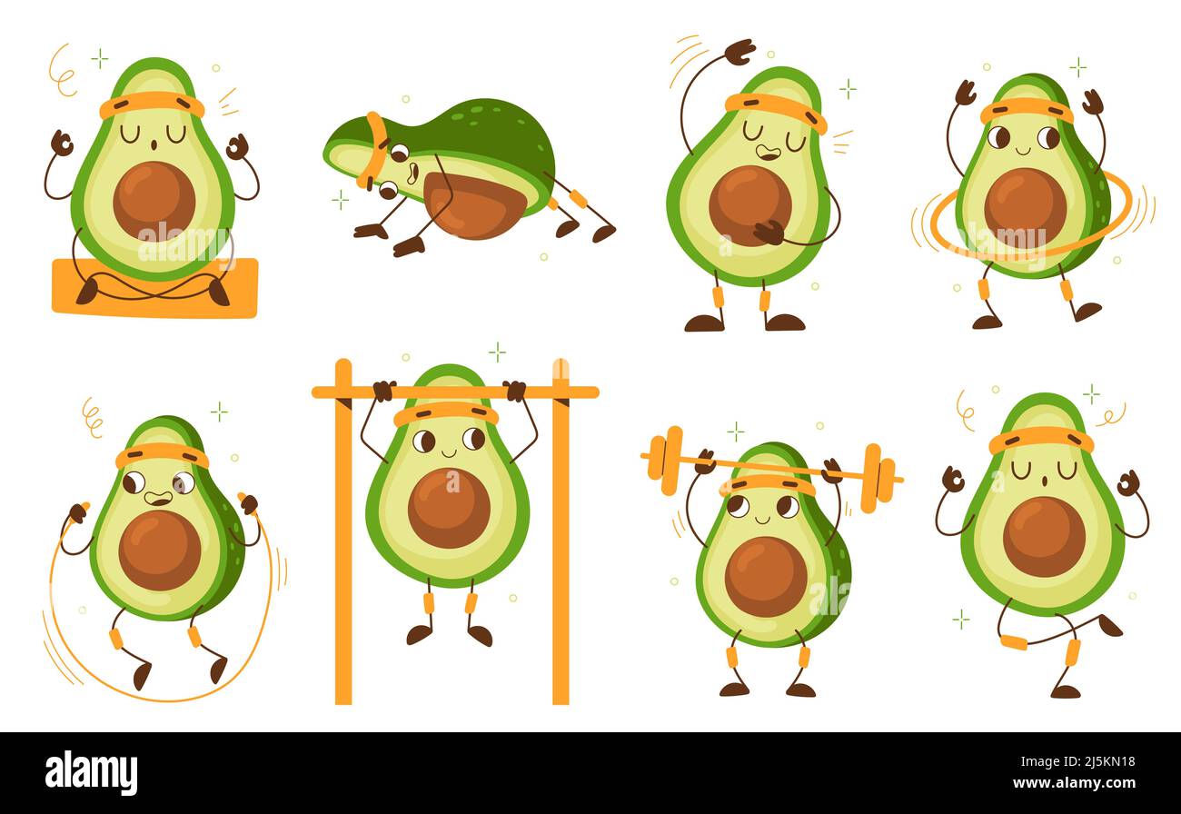 Atleta di avocado cartoon. Divertente personaggio vegetale, mascotte sportiva, attività di palestra di frutta verde carina, push e pull up, yoga e fitness, sano Illustrazione Vettoriale