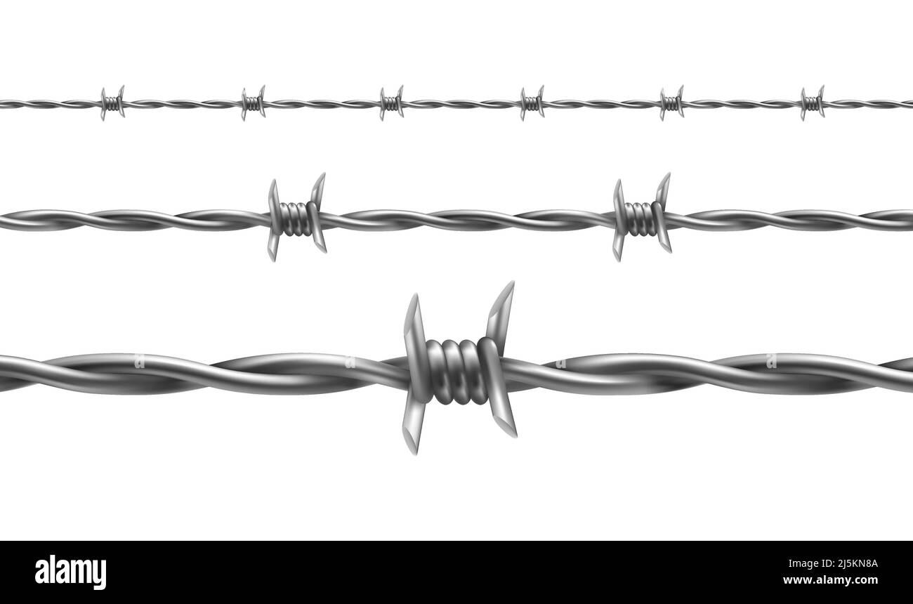 Illustrazione vettoriale del filo spinato, schema orizzontale senza giunture con filo spinato intrecciato isolato sullo sfondo. Barriera protettiva in metallo con punte affilate f Illustrazione Vettoriale