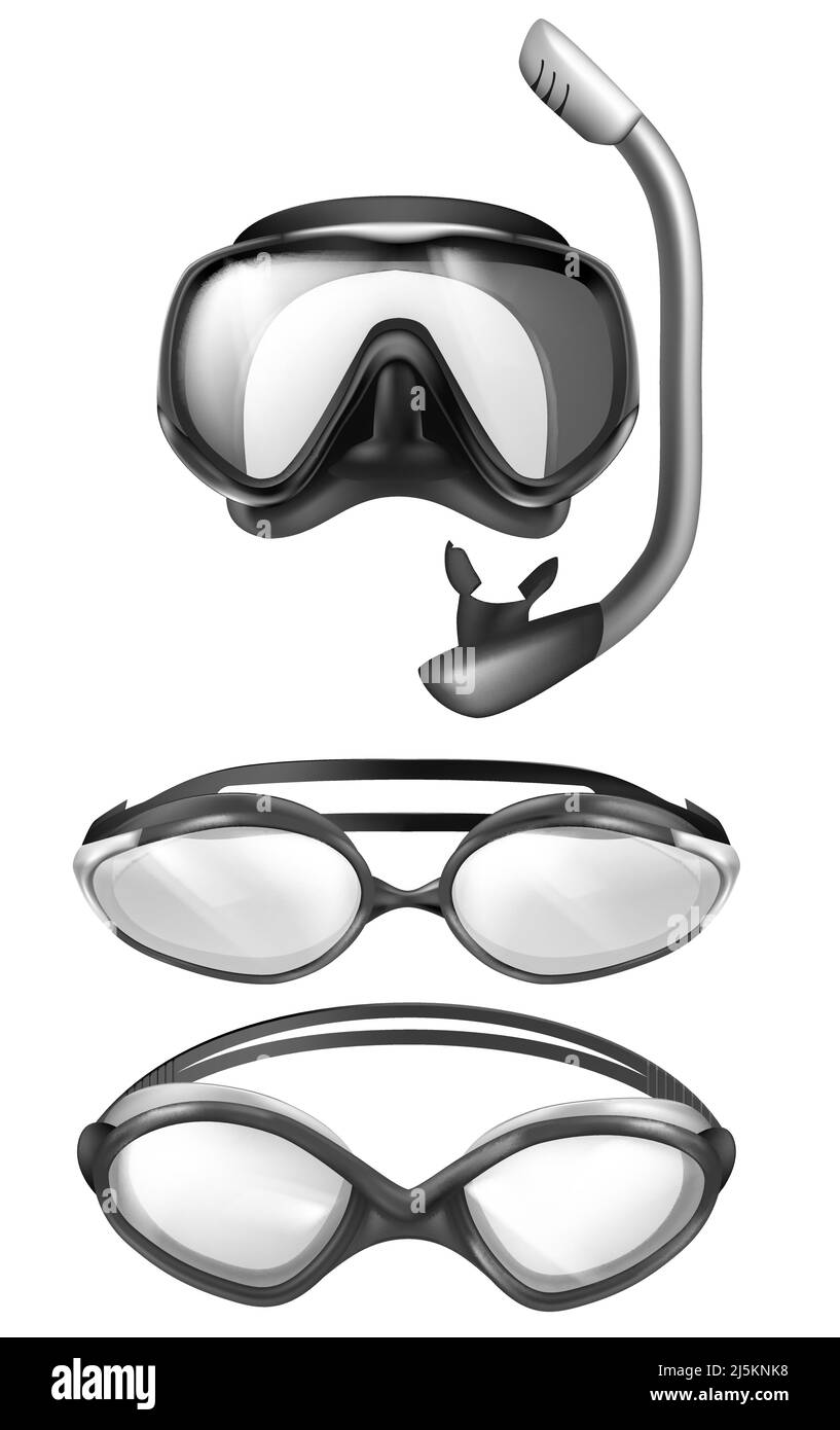 Set vettoriale di 3D maschere realistiche per immersioni subacquee e occhiali per piscina. Dispositivi per lo snorkeling. Attrezzatura da nuoto in plastica nera. Respiro non rilevato Illustrazione Vettoriale