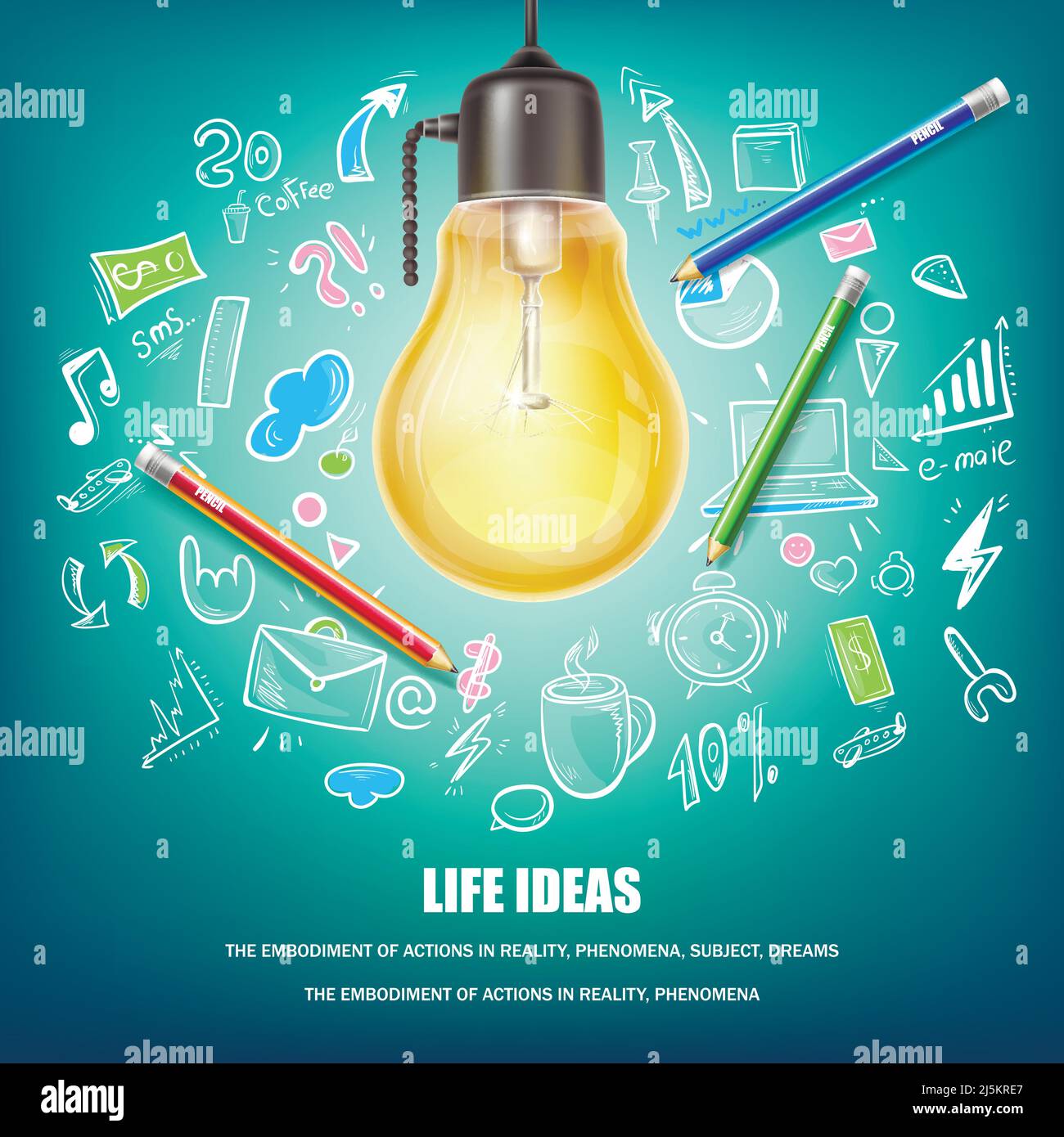Idee creative illustrazione vettoriale del concetto. Poster con lampadina gialla, matite colorate, icone di doodle disegnate a mano su sfondo blu. Lampada splendente, Illustrazione Vettoriale