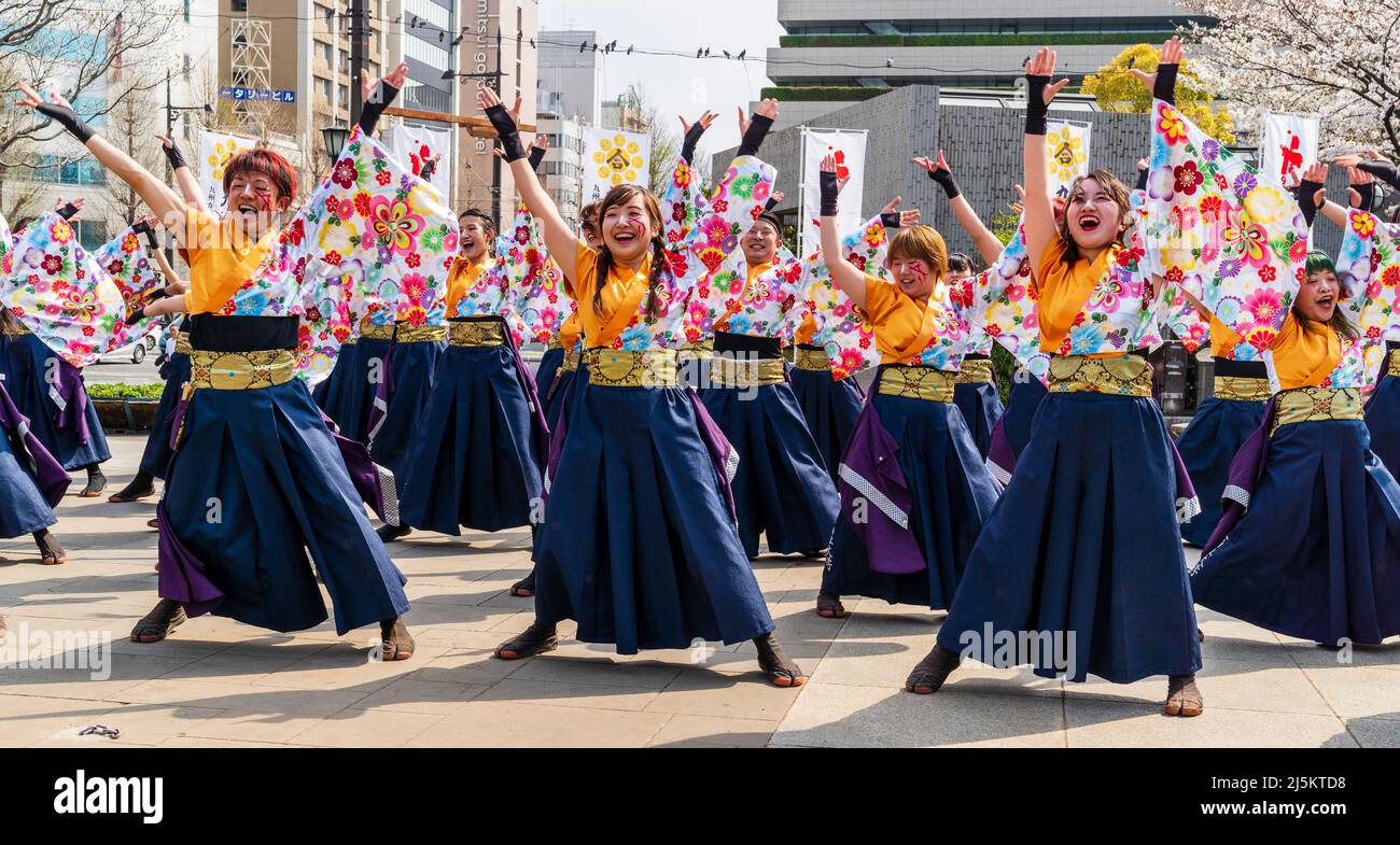 Squadra giapponese di ballerini Yosakoi che ballano in coloratissime toniche yukata all'aperto al festival primaverile Kyusyu Gassai di Kumamoto. Foto Stock