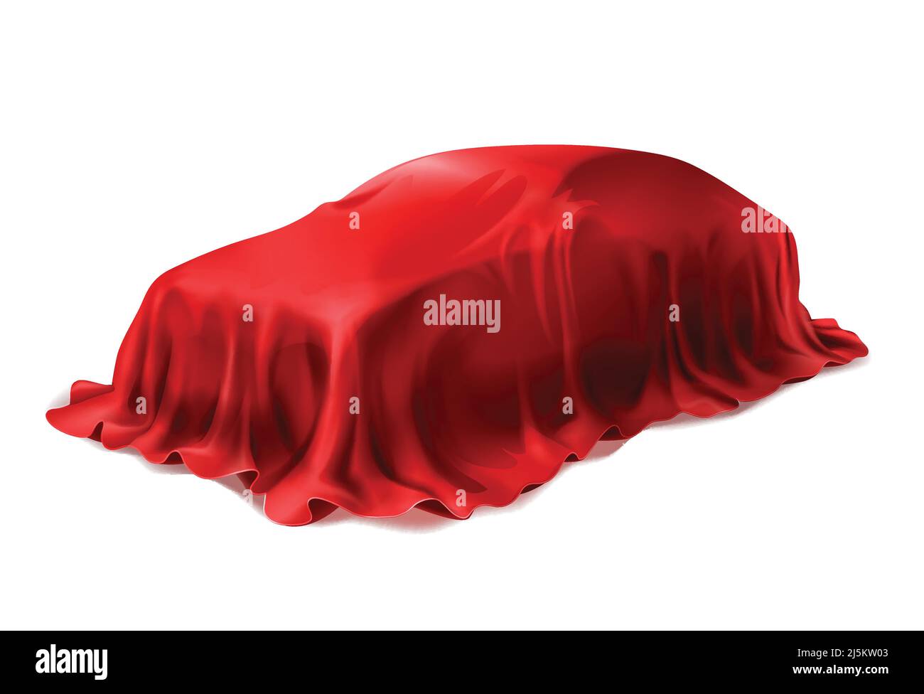 Auto vettoriale realistica ricoperta di seta rossa isolata su sfondo bianco. Presentazione della vettura nuova in concessionaria, auto sorpresa sotto tela scarlatto. Illustrazione Vettoriale