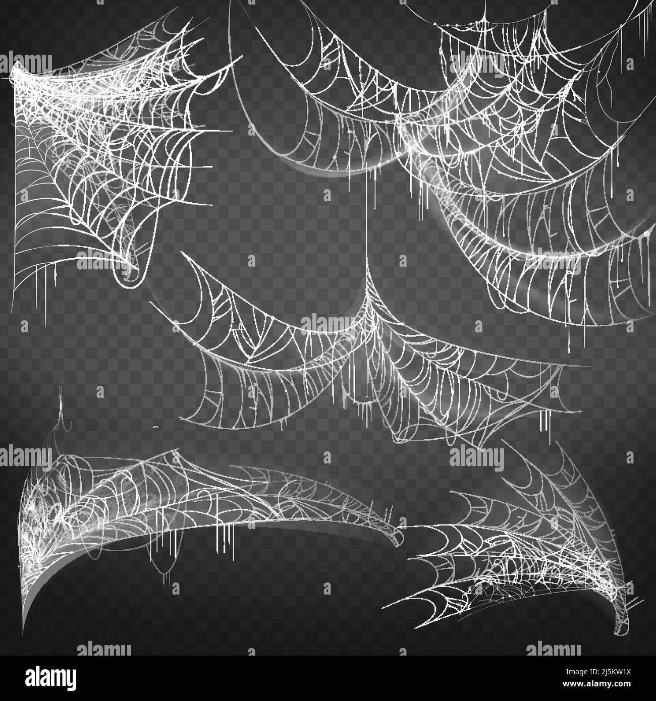 Illustrazione vettoriale di spiderwebof varie forme, bianco spoky cobbweb isolato su sfondo nero. Rete appiccicosa appesa, trappola ragno per catturare insetti. Illustrazione Vettoriale