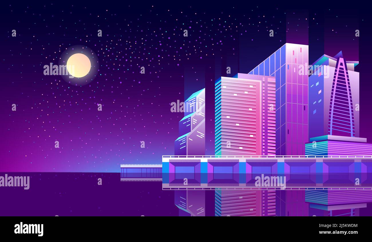 Sfondo vettoriale con città notturna illuminata da luci al neon. Paesaggio urbano futuristico in colori blu e violetto, panorama con moderno b Illustrazione Vettoriale