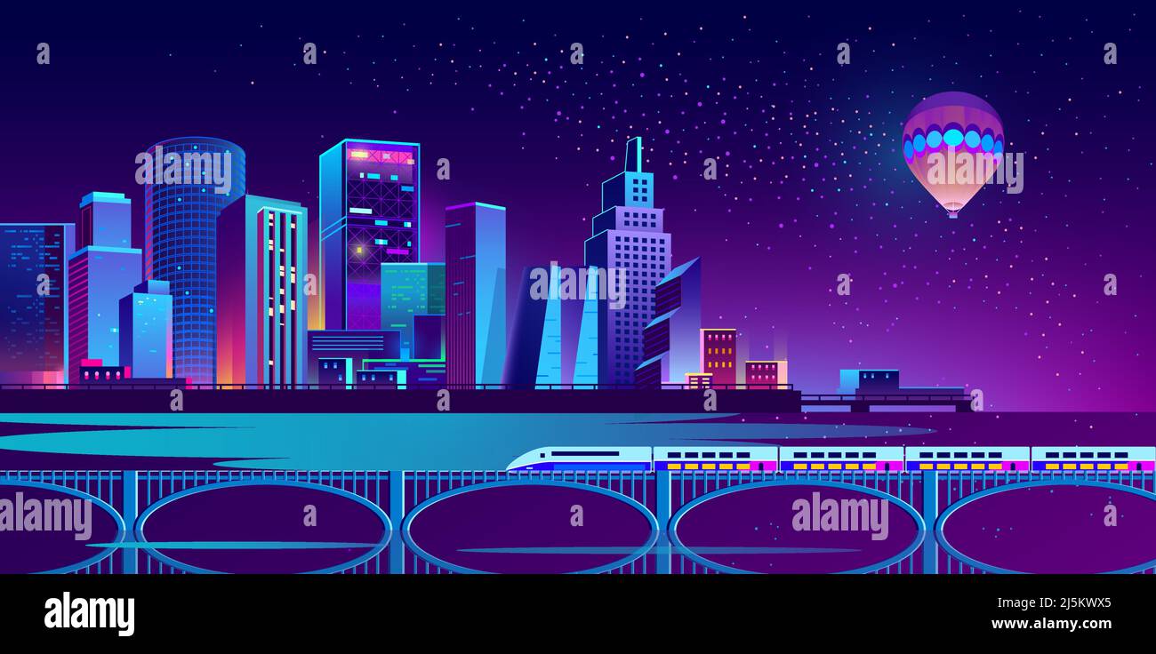 Sfondo vettoriale con città notturna illuminata da luci al neon. Paesaggio urbano futuristico in colori blu e violetto, panorama con moderno b Illustrazione Vettoriale