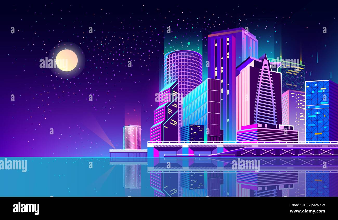 Sfondo vettoriale con città notturna illuminata da luci al neon. Paesaggio urbano futuristico in colori blu e violetto, panorama con moderno b Illustrazione Vettoriale