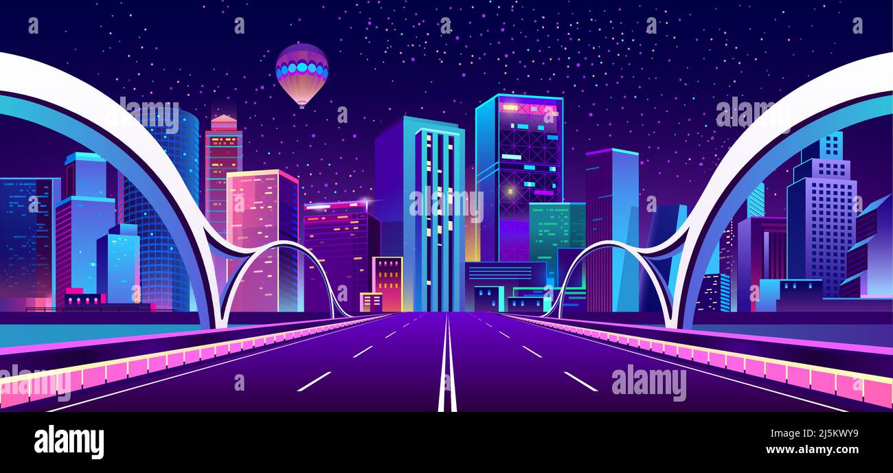 Sfondo vettoriale con città notturna illuminata da luci al neon. Paesaggio urbano futuristico in colori blu e violetto, panorama con moderno b Illustrazione Vettoriale