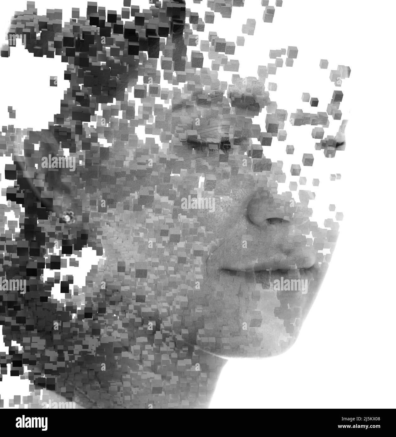 Grafica procedurale combinata con un ritratto in bianco e nero Foto Stock