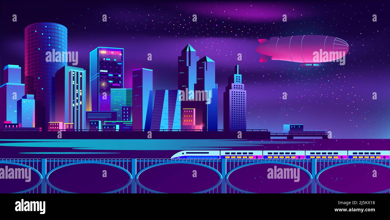 Sfondo vettoriale con città notturna illuminata da luci al neon. Paesaggio urbano futuristico in colori blu e violetto, panorama con moderno b Illustrazione Vettoriale