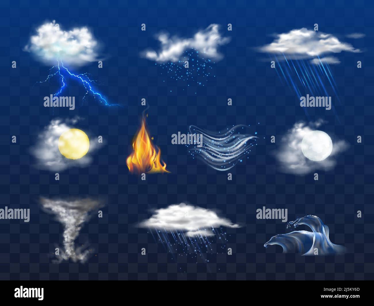 Giorno, notte previsione meteo icona, naturale disastro 3D realistico vettore set isolato su sfondo trasparente. Maltempo con pioggia, neve, vento freddo. Illustrazione Vettoriale