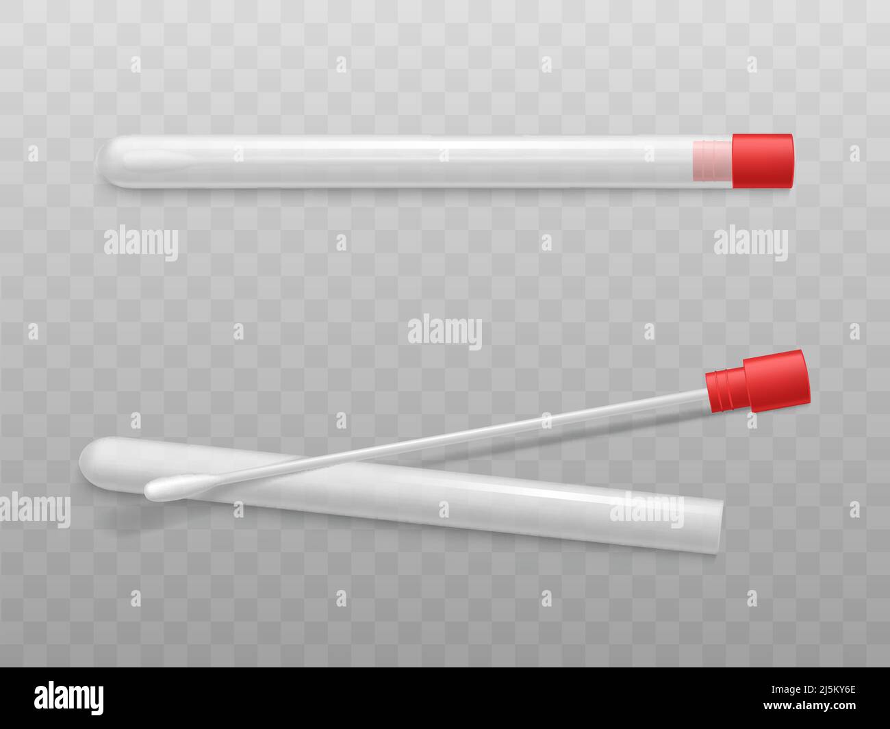 Tamponi di cotone in provetta di plastica con tappo rosso 3D vettore realistico isolato su sfondo trasparente. Apparecchiature per test medici o scientifici. Strumento per c Illustrazione Vettoriale