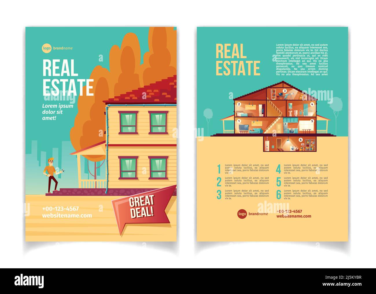 Nuovo immobile oggetto cartoon vettore pubblicità brochure, volantino con uomo felice in piedi su portico cottage con chiave in mano, casa camere sezione trasversale Illustrazione Vettoriale
