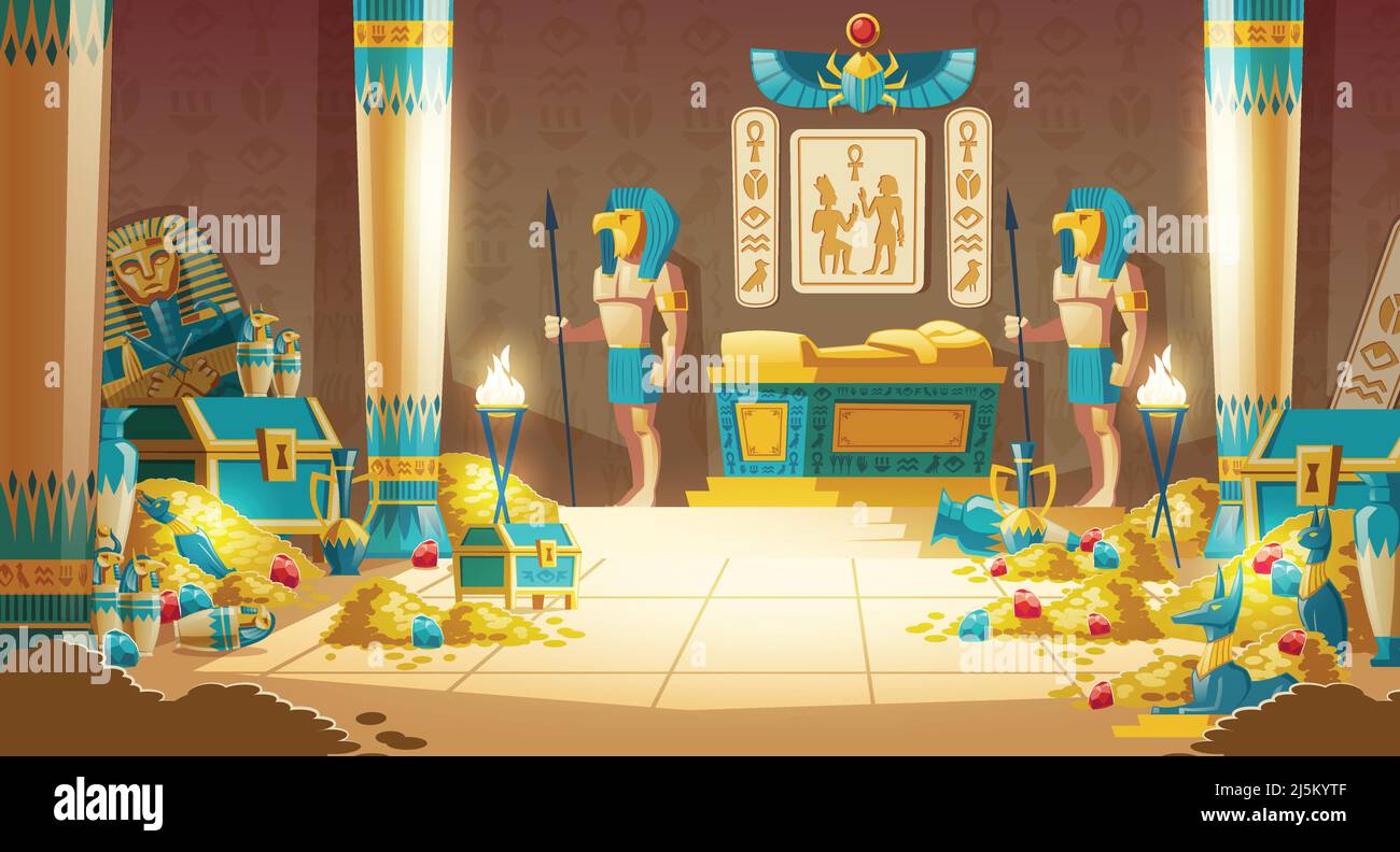 Egitto faraone tomba o vettore cartoon tesoro con guerrieri in maschere, lance armate, in piedi vicino al sarcofago reale d'oro in antica cripta piena di go Illustrazione Vettoriale