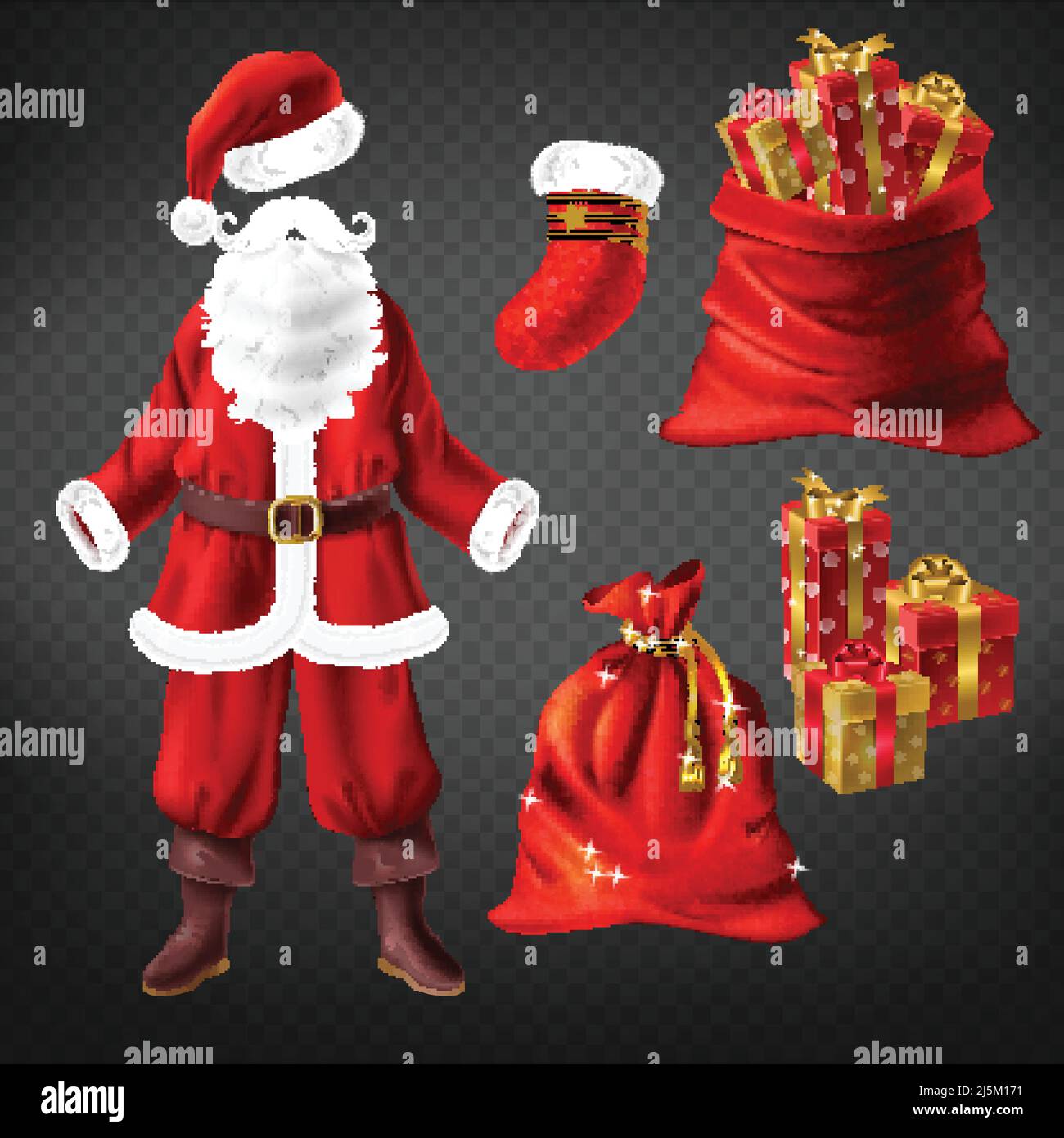 Babbo Natale costume con stivali in pelle, cappello rosso, falsa barba e calza di natale, grande sacco pieno di scatole regalo splendidamente avvolto 3D realista Illustrazione Vettoriale