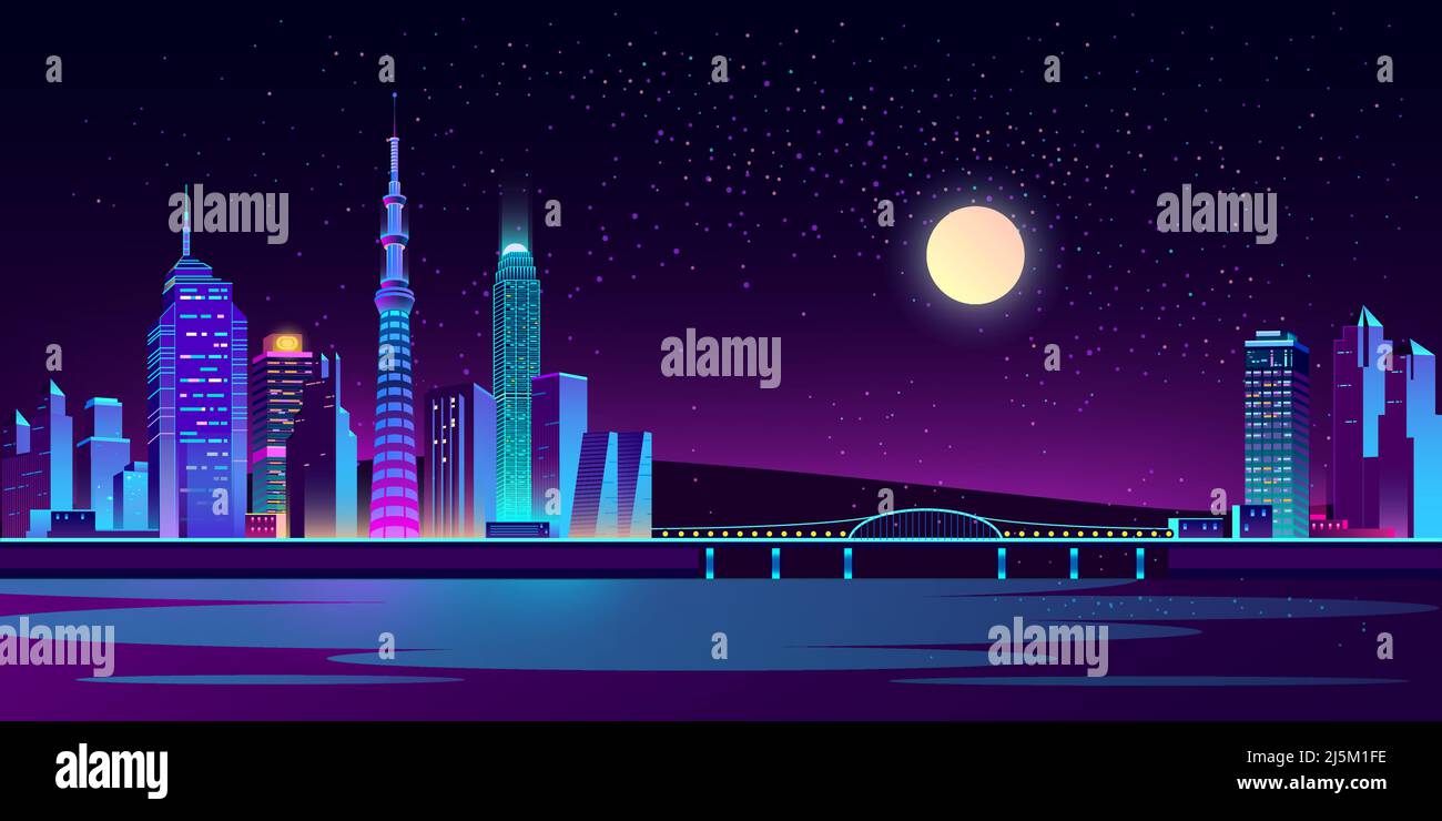Sfondo vettoriale con città notturna illuminata da luci al neon. Paesaggio urbano futuristico in colori blu e violetto, panorama con moderno b Illustrazione Vettoriale