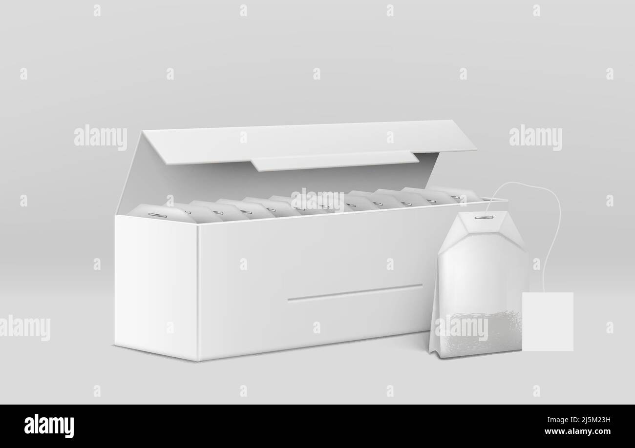 Confezione da tè 3D vettore realistico. Scatola di carta bianca vuota, contenitore di cartone pieno di bustine di tè rettangolari con etichetta e foglie essiccate all'interno di illu Illustrazione Vettoriale