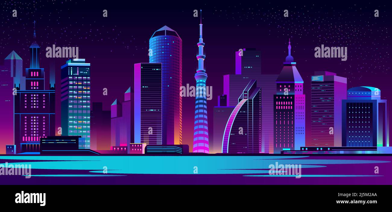 Vettore moderna megapolis di notte. Edifici color porpora in stile cartone animato. Grattacieli urbani in colori al neon, esterni della città, sfondo architettonico. Illustrazione Vettoriale