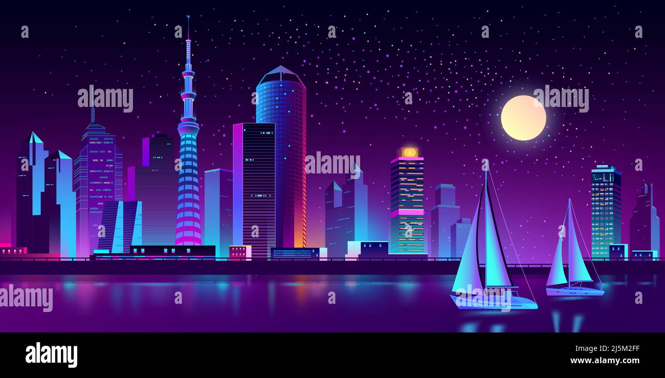 Vettore moderna megapolis sul fiume di notte. Yacht luminosi e baia, barche sull'acqua, edifici color porpora sullo sfondo. Grattacieli urbani in Illustrazione Vettoriale