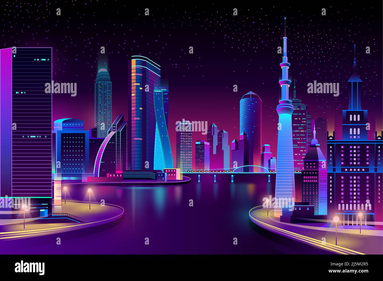 Vettore moderna megapolis sul fiume di notte. Architettura contemporanea - edifici luminosi, passerella e ponte in stile cartone animato. Grattacielo urbano Illustrazione Vettoriale