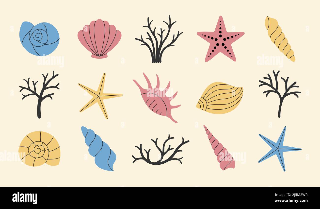 Set di vari semplici conchiglie, stelle marine e coralli. Illustrazione vettoriale. Illustrazione Vettoriale