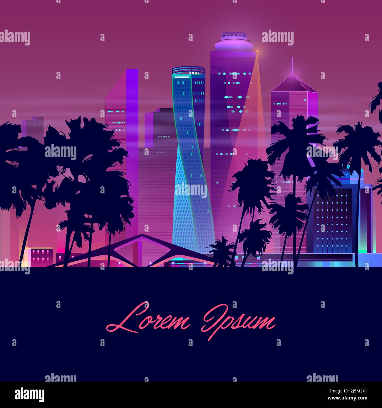 Modello vettoriale con palme scure e città notturna in neon, colori ultravioletti. Edifici luminosi a più piani, nuovo sfondo architettonico. Grattacieli Illustrazione Vettoriale