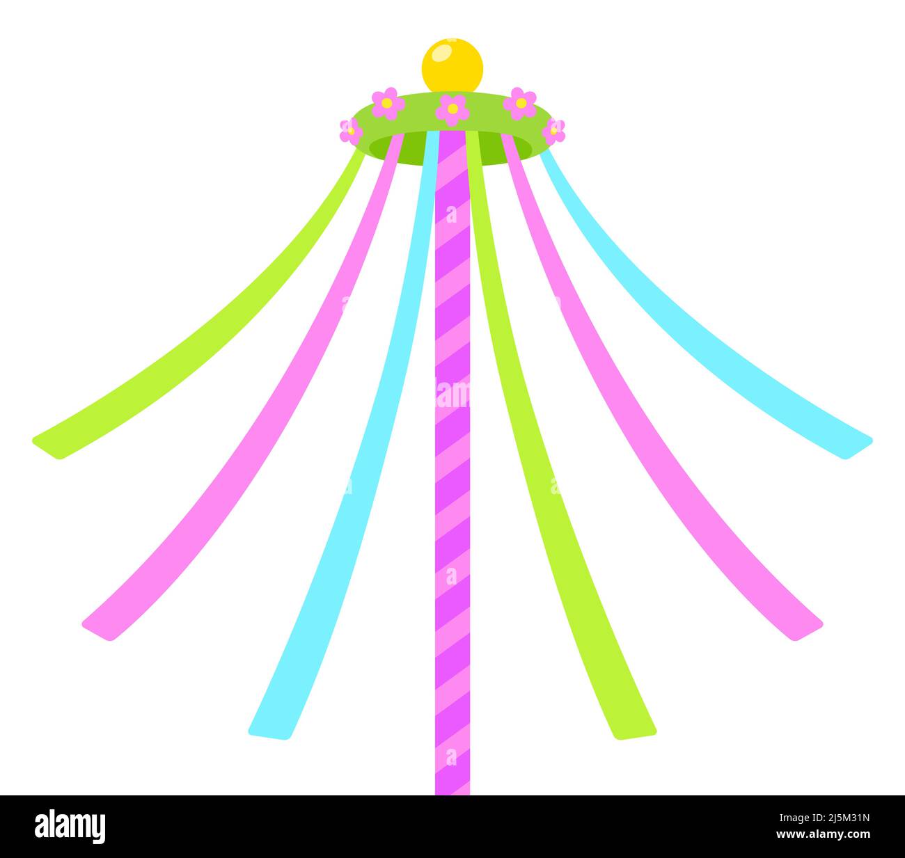 Maypole decorata con fiori e nastri, festa del giorno di maggio. Illustrazione di una clip grafica vettoriale cartoon. Illustrazione Vettoriale