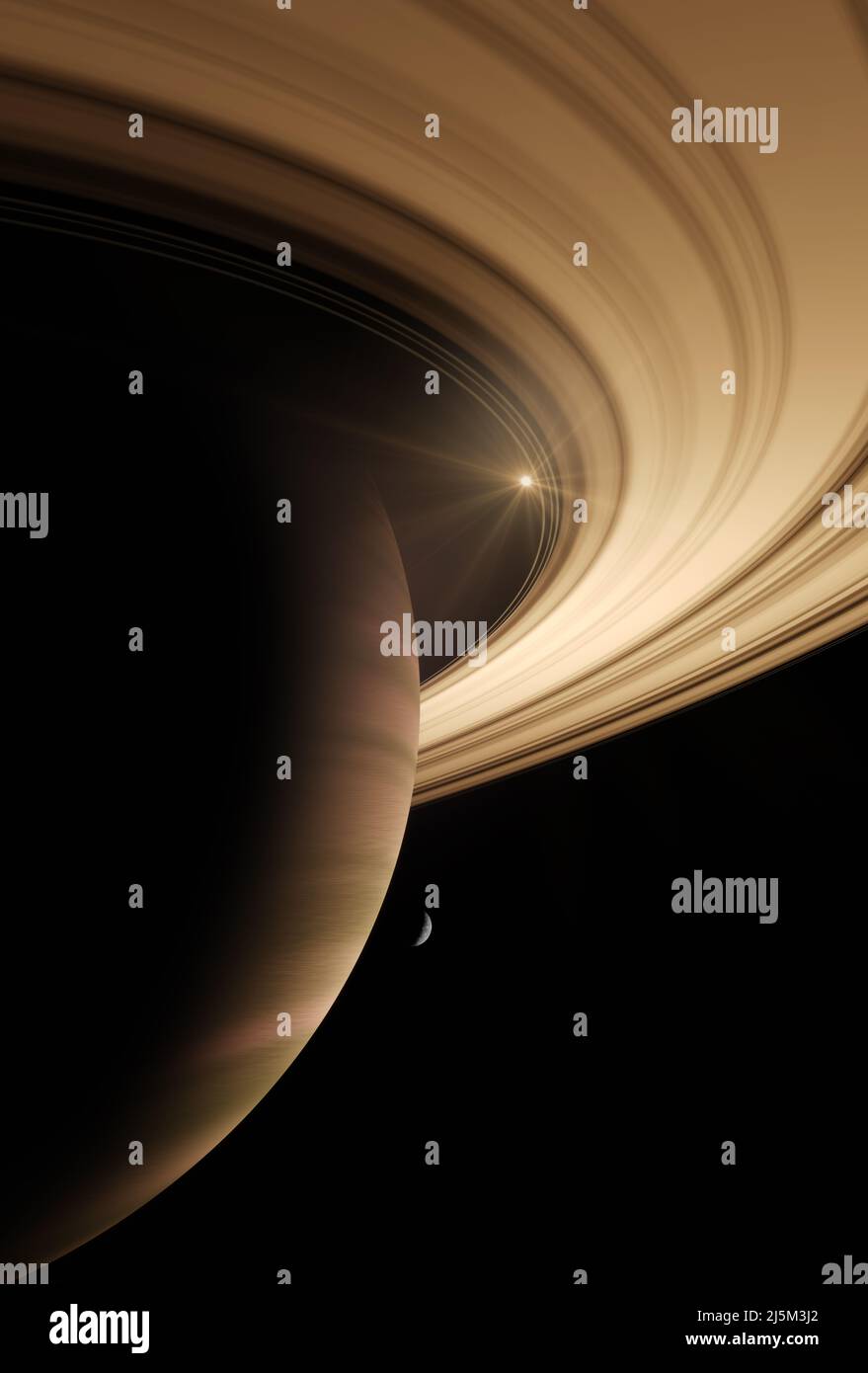 3D Render, pianeta gigante del gas nello spazio profondo. Saturno pianeta e anelli da vicino Foto Stock