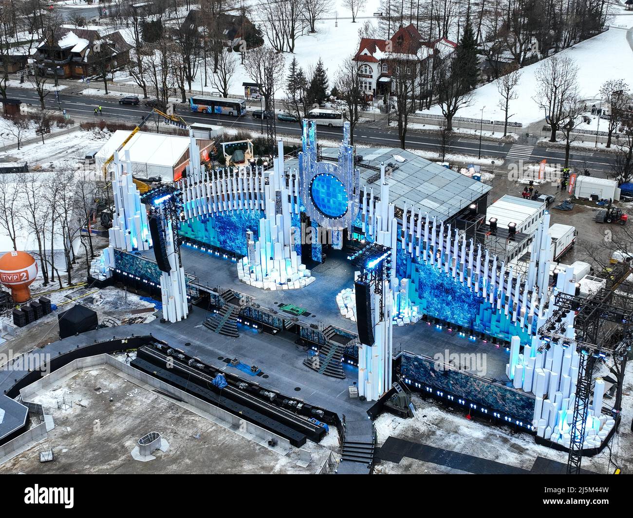 Vista aerea dei preparativi per la vigilia di Capodanno nella città di Zakopane in Polonia Foto Stock