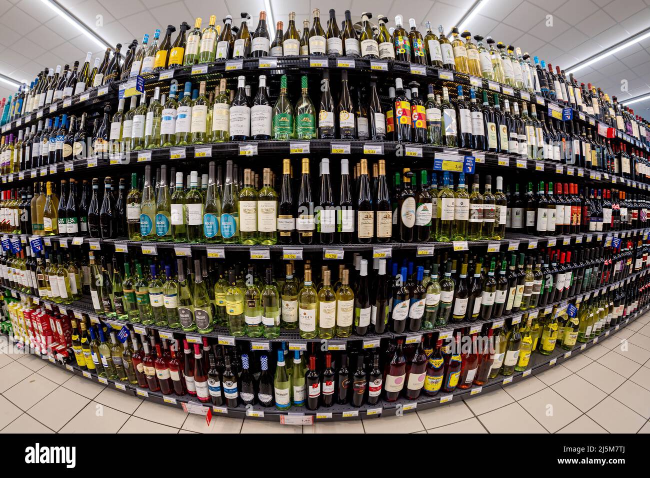 Fossano, Italia - 20 aprile 2022: Scaffali con bottiglie di vino di varie marche e varietà di uva in vendita in un supermercato italiano, fish eye vision Foto Stock