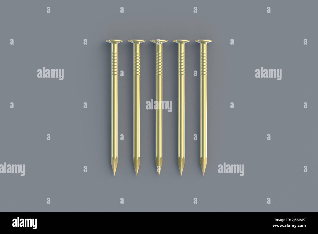 Fila di chiodi metallici dorati su sfondo grigio. Attrezzatura da costruzione. Strumento di lusso per la riparazione e la ristrutturazione. Riparazioni costose. 3d rendering Foto Stock
