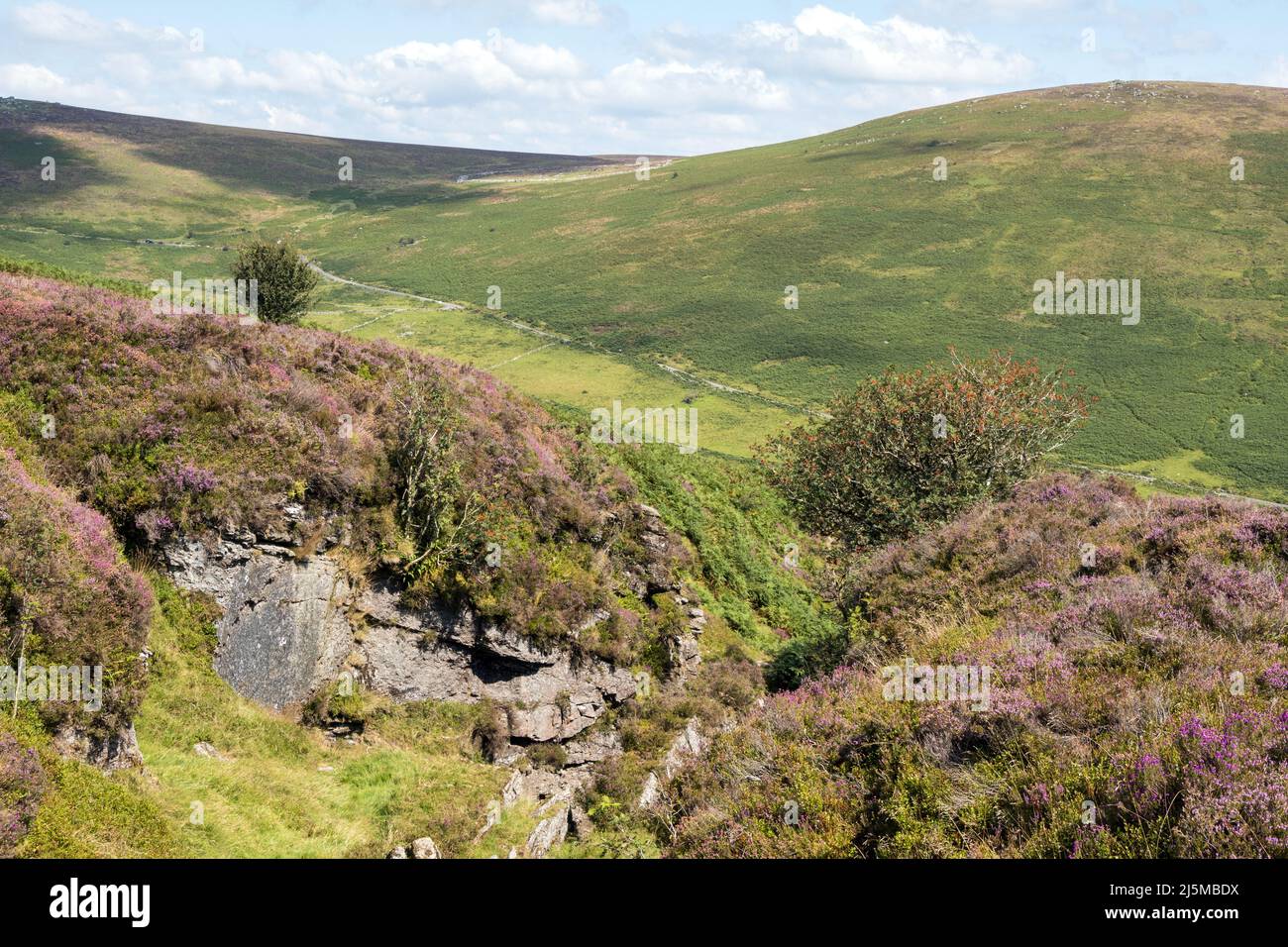 Regno Unito, Inghilterra, Devonshire, Dartmoor. Antichi canali di estrazione di stagno o gerti che mostrano la roccia di granito. Foto Stock